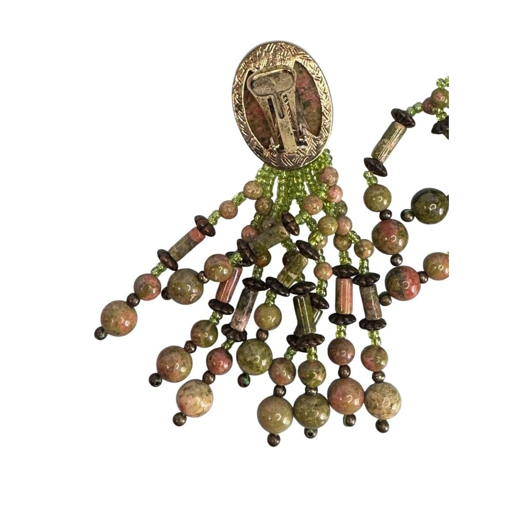 Vintage Unakite Stone Clip-On Earrings Dangling Beaded Tassel Multicolor - Picture 3 of 7